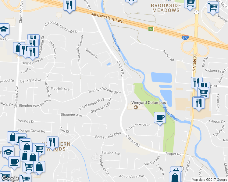 map of restaurants, bars, coffee shops, grocery stores, and more near 3036 Blendon Woods Boulevard in Columbus