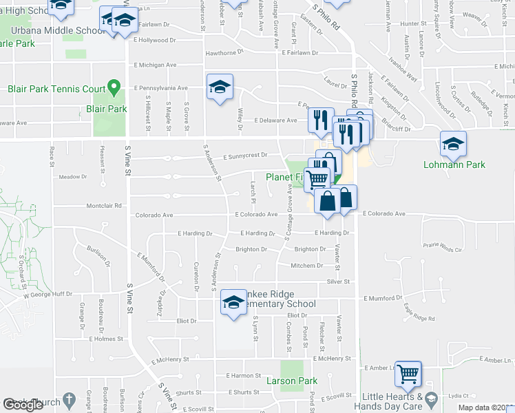 map of restaurants, bars, coffee shops, grocery stores, and more near 1818 Larch Place in Urbana