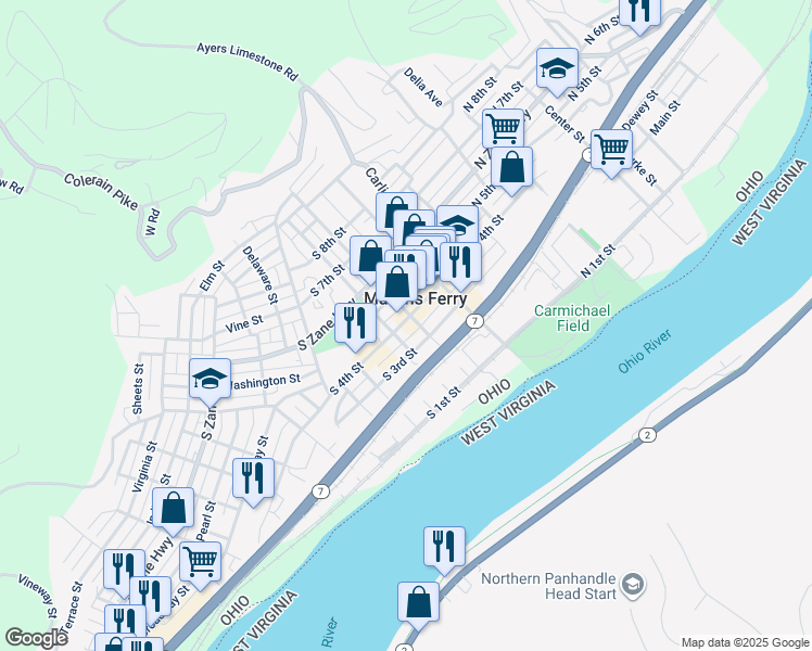 map of restaurants, bars, coffee shops, grocery stores, and more near 115 South 4th Street in Martins Ferry