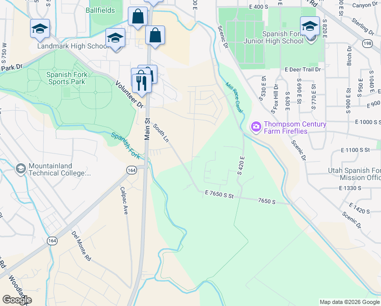 map of restaurants, bars, coffee shops, grocery stores, and more near 7464 South Lane in Spanish Fork