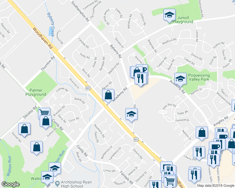 map of restaurants, bars, coffee shops, grocery stores, and more near 3380 Fairdale Road in Philadelphia