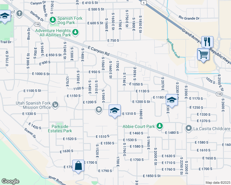 map of restaurants, bars, coffee shops, grocery stores, and more near 1138 South 1660 East Street in Spanish Fork