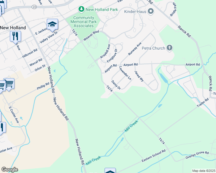 map of restaurants, bars, coffee shops, grocery stores, and more near 515 T674 in New Holland