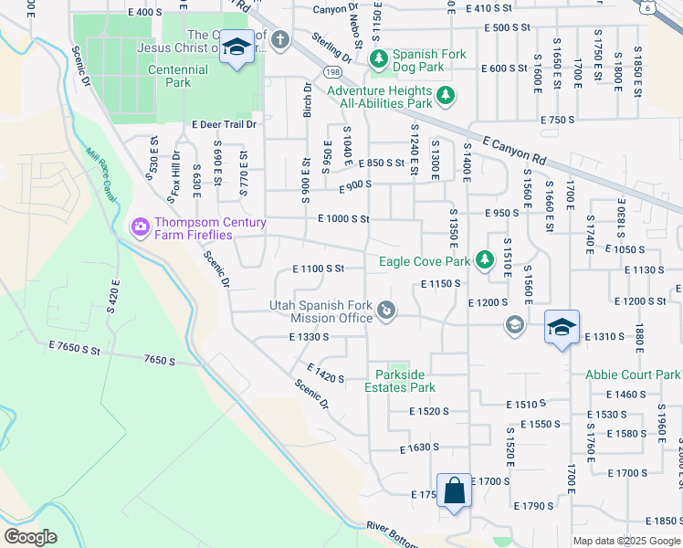 map of restaurants, bars, coffee shops, grocery stores, and more near 1046 East 1100 South in Spanish Fork