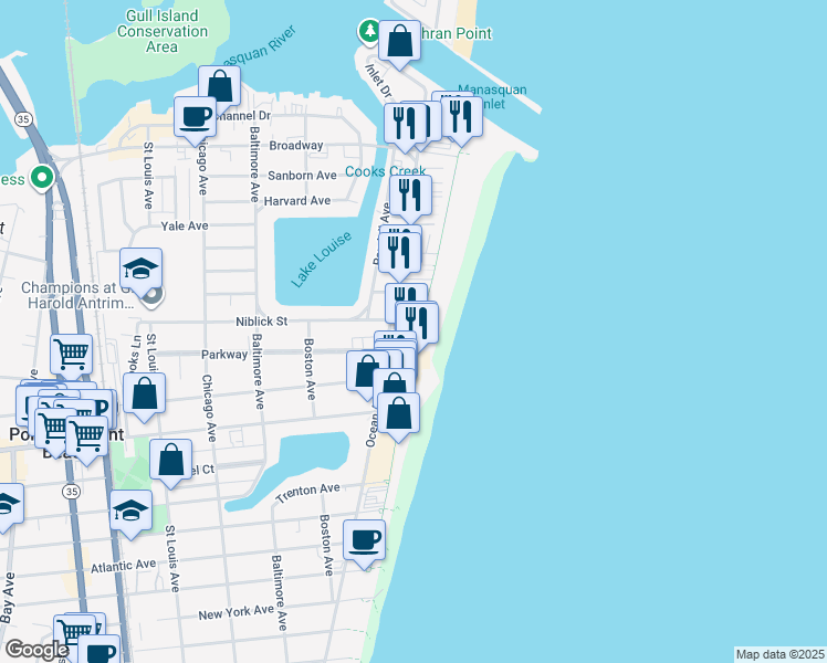 map of restaurants, bars, coffee shops, grocery stores, and more near 250 Boardwalk in Point Pleasant Beach