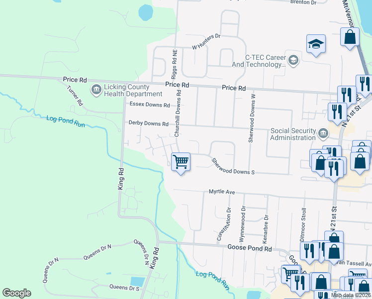 map of restaurants, bars, coffee shops, grocery stores, and more near 558 Sherwood Downs South in Newark