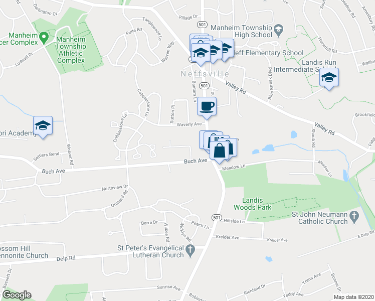 map of restaurants, bars, coffee shops, grocery stores, and more near 40 Hampton Ln in Lancaster