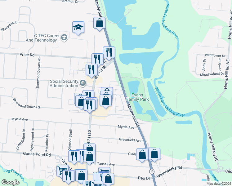 map of restaurants, bars, coffee shops, grocery stores, and more near 1377 Hillview Circle West in Newark