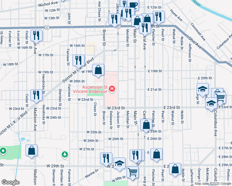 map of restaurants, bars, coffee shops, grocery stores, and more near 2101 Jackson Street in Anderson