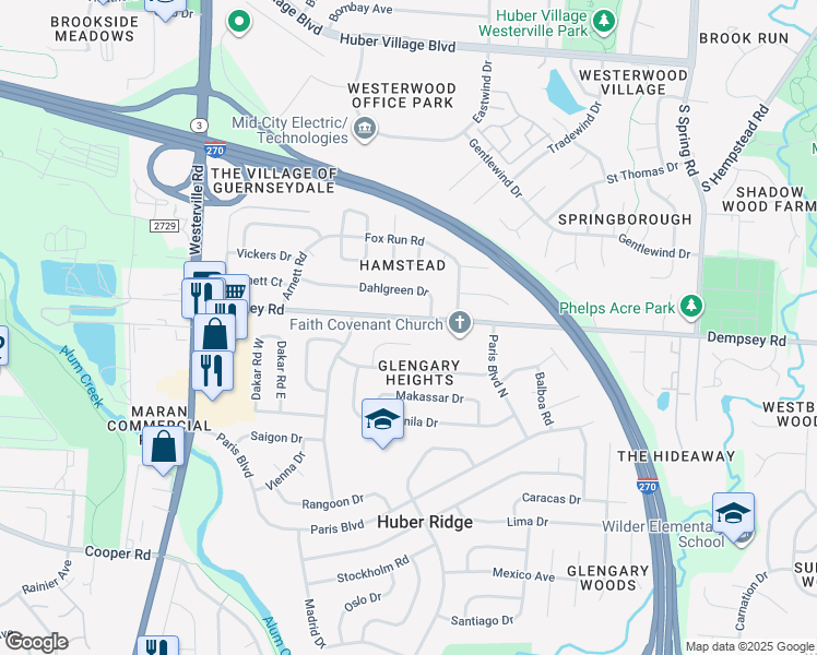 map of restaurants, bars, coffee shops, grocery stores, and more near 3515 Dempsey Road in Westerville