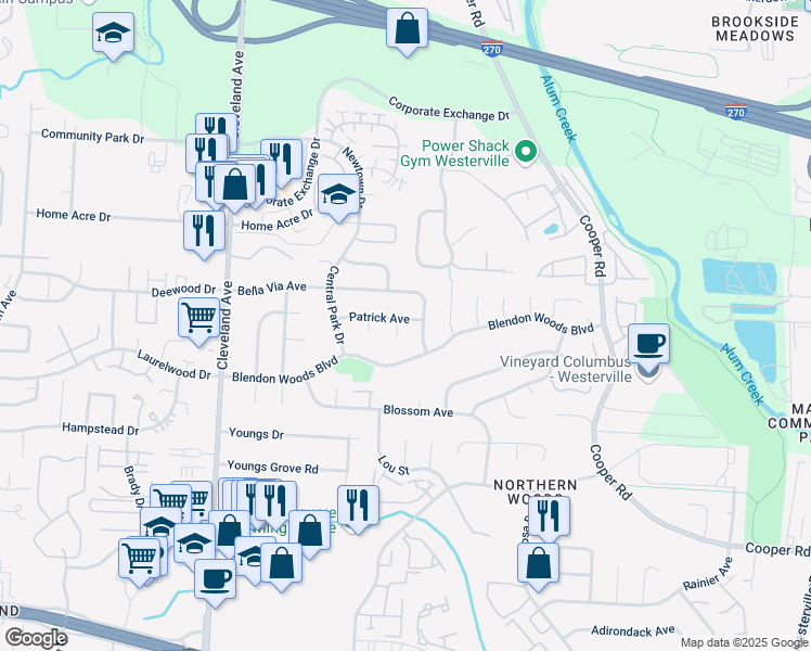 map of restaurants, bars, coffee shops, grocery stores, and more near 5955 Lisa Street in Columbus