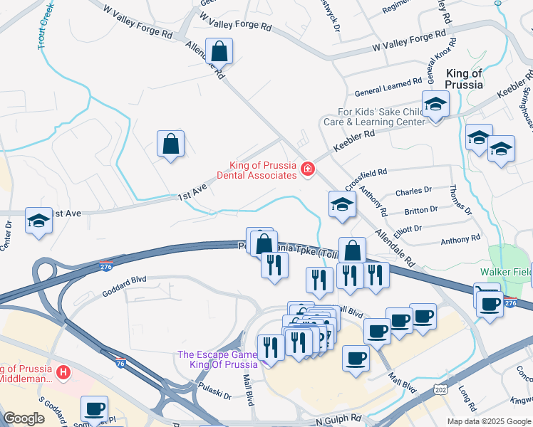 map of restaurants, bars, coffee shops, grocery stores, and more near 560 American Avenue in King of Prussia