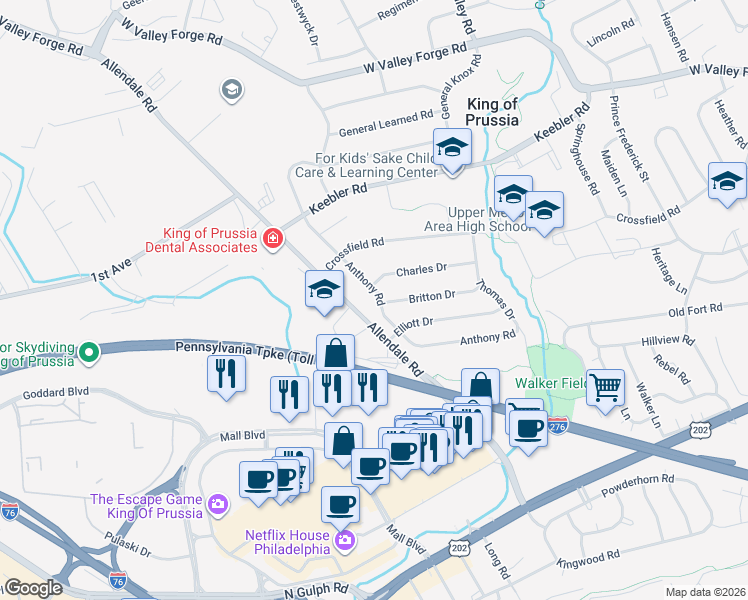 map of restaurants, bars, coffee shops, grocery stores, and more near 336 Anthony Road in King of Prussia