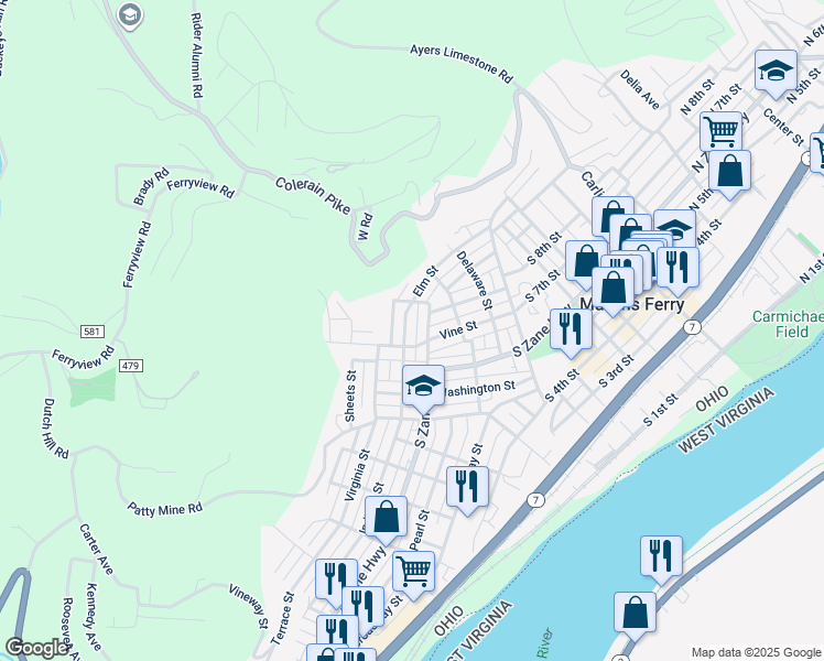 map of restaurants, bars, coffee shops, grocery stores, and more near 714 Elm Street in Martins Ferry