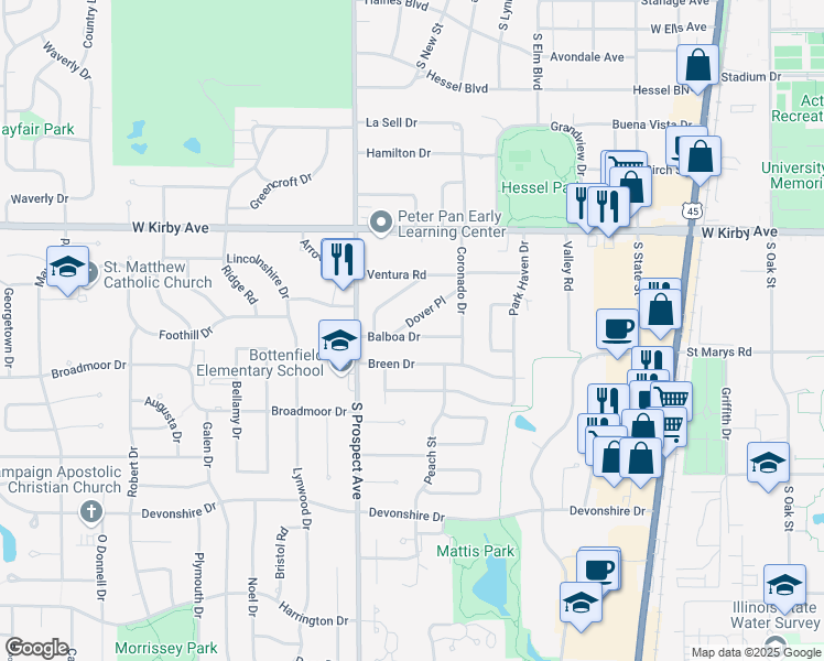 map of restaurants, bars, coffee shops, grocery stores, and more near 720 Balboa Drive in Champaign