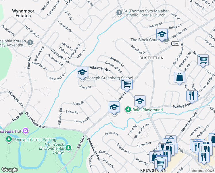 map of restaurants, bars, coffee shops, grocery stores, and more near 8753 Ferndale Street in Philadelphia