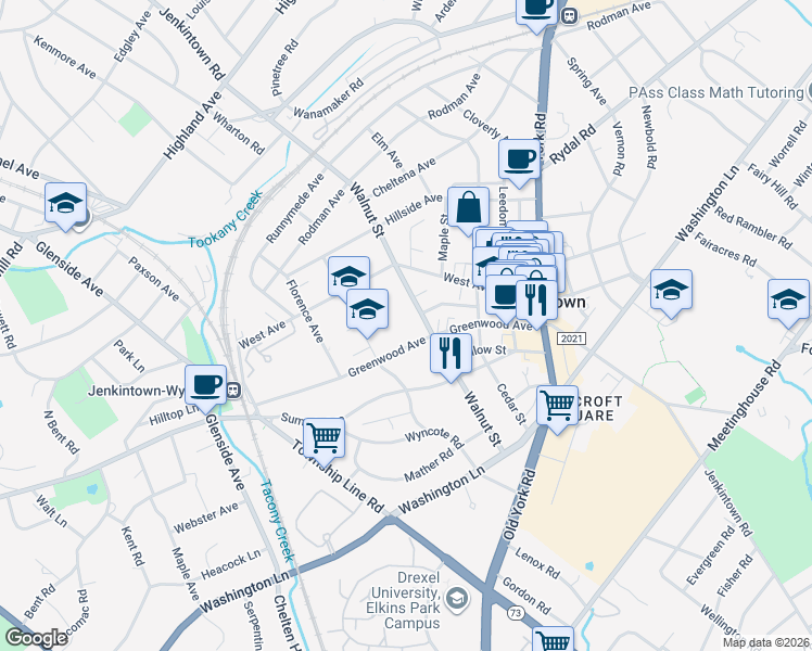 map of restaurants, bars, coffee shops, grocery stores, and more near 329 Greenwood Avenue in Jenkintown