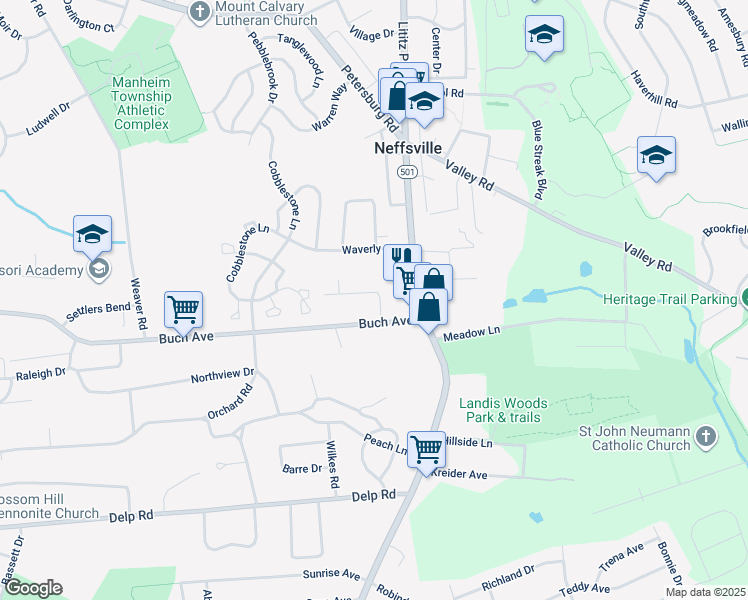 map of restaurants, bars, coffee shops, grocery stores, and more near 40 Hampton Lane in Lancaster