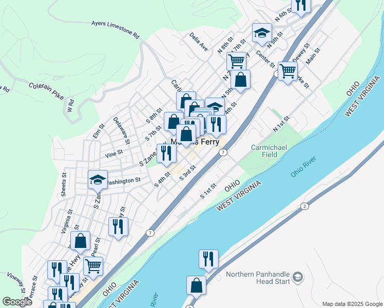 map of restaurants, bars, coffee shops, grocery stores, and more near 115 South 4th Street in Martins Ferry