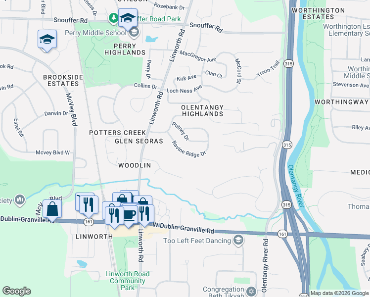 map of restaurants, bars, coffee shops, grocery stores, and more near 1086 Ravine Ridge Drive in Worthington