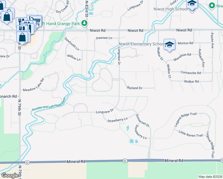 map of restaurants, bars, coffee shops, grocery stores, and more near 8374 Greenwood Drive in Longmont
