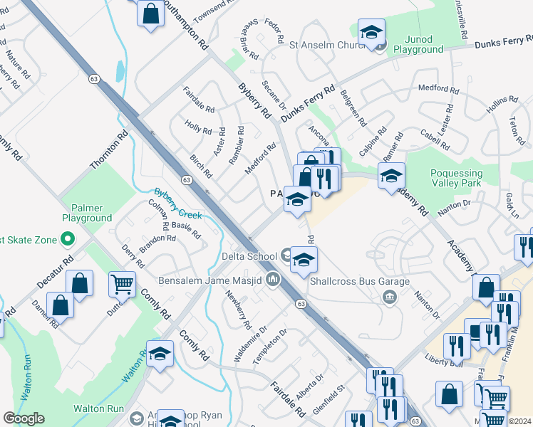 map of restaurants, bars, coffee shops, grocery stores, and more near 3362 Fairdale Road in Philadelphia
