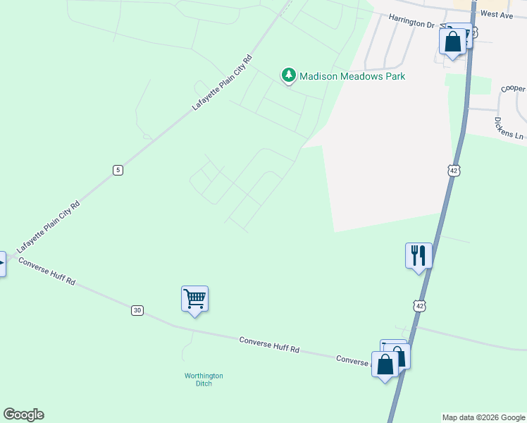 map of restaurants, bars, coffee shops, grocery stores, and more near 617 Madison Way in Plain City