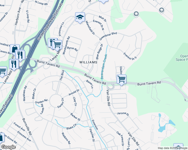 map of restaurants, bars, coffee shops, grocery stores, and more near 68 Blue Ridge Drive in Brick Township