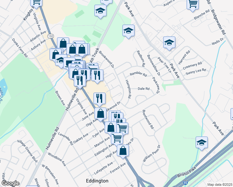 map of restaurants, bars, coffee shops, grocery stores, and more near 369 Redwood Court in Bensalem