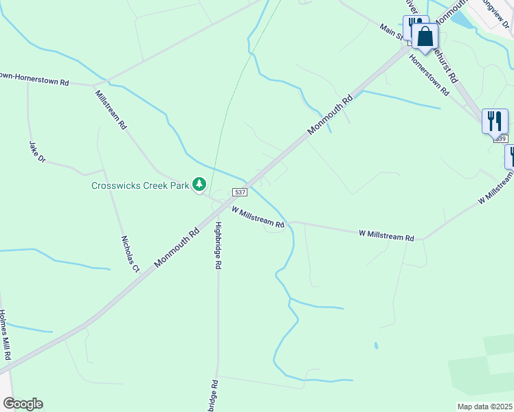 map of restaurants, bars, coffee shops, grocery stores, and more near 107 West Millstream Road in Plumsted