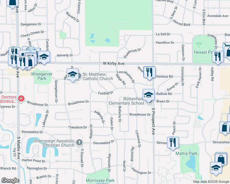 map of restaurants, bars, coffee shops, grocery stores, and more near 1111 Foothill Drive in Champaign