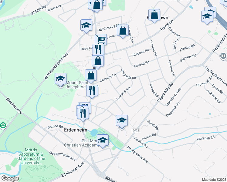 map of restaurants, bars, coffee shops, grocery stores, and more near 807 Glendalough Road in Erdenheim