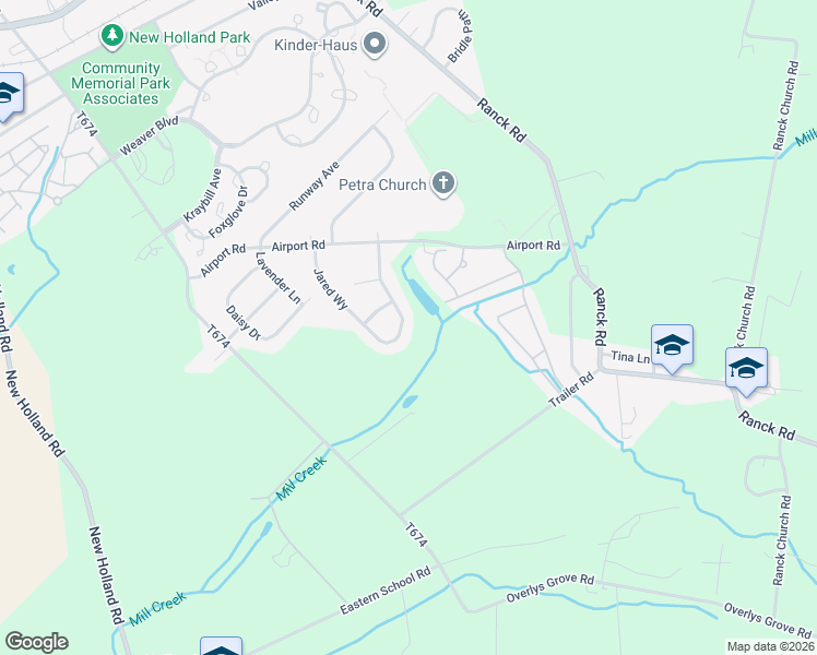 map of restaurants, bars, coffee shops, grocery stores, and more near 412 Jared Way in New Holland