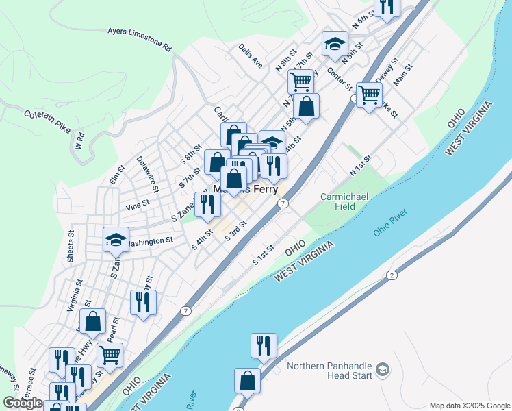map of restaurants, bars, coffee shops, grocery stores, and more near 302 Walnut Street in Martins Ferry