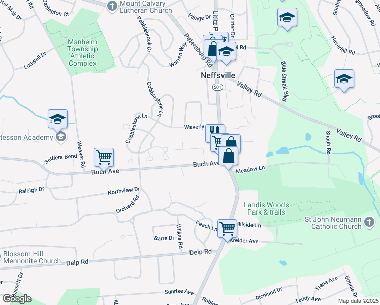 map of restaurants, bars, coffee shops, grocery stores, and more near 58 Hampton Lane in Lancaster