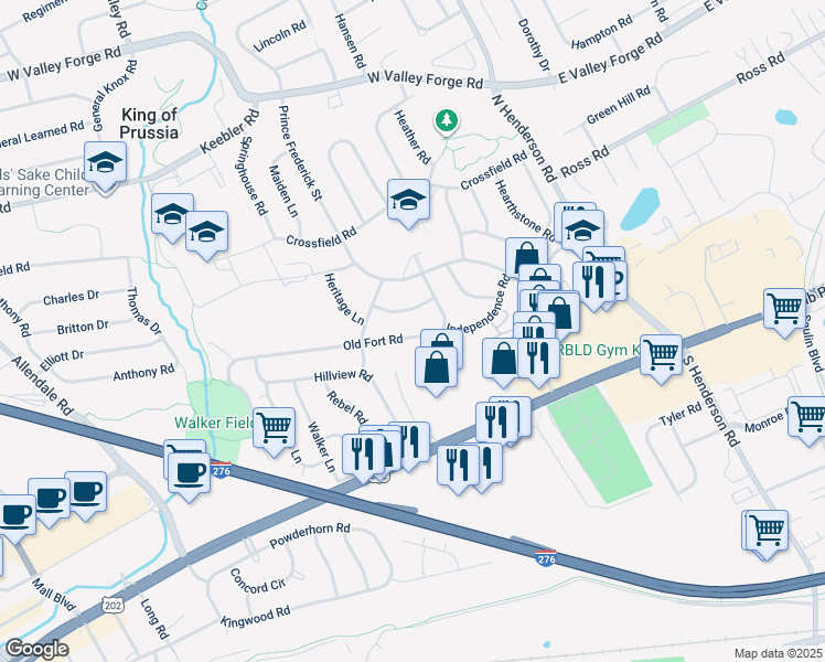 map of restaurants, bars, coffee shops, grocery stores, and more near 366 Old Fort Road in King of Prussia