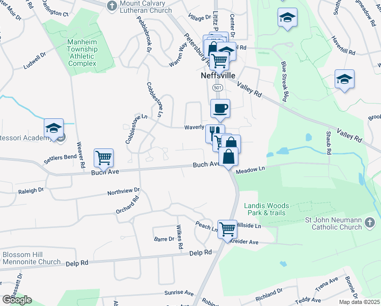 map of restaurants, bars, coffee shops, grocery stores, and more near 58 Hampton Lane in Lancaster