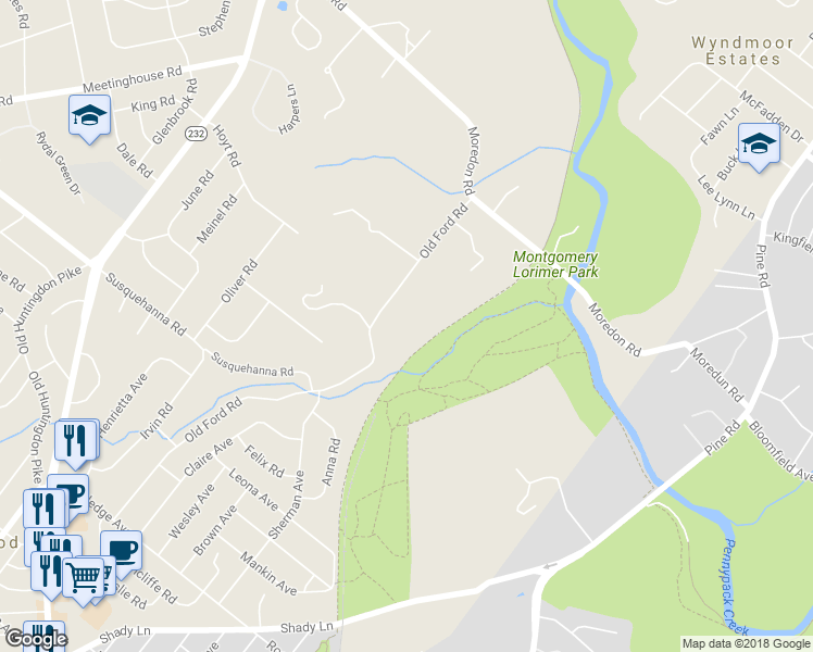 map of restaurants, bars, coffee shops, grocery stores, and more near 1247 Old Ford Rd in Huntingdon Valley