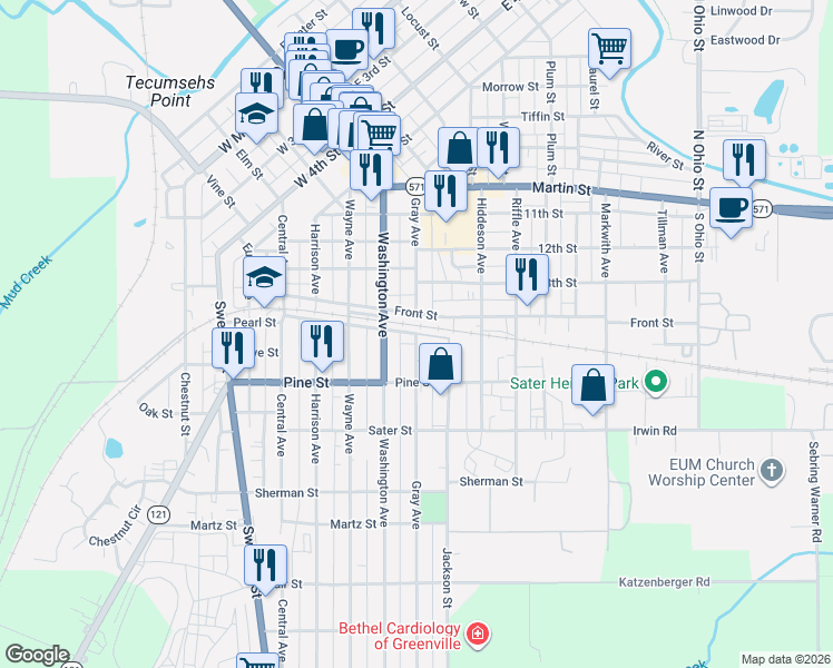 map of restaurants, bars, coffee shops, grocery stores, and more near 501 Walker Street in Greenville