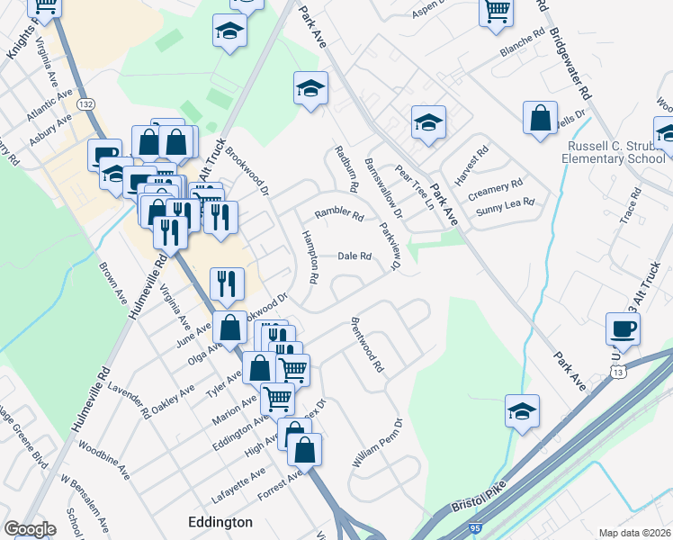 map of restaurants, bars, coffee shops, grocery stores, and more near 3258 Sandy Lane in Bensalem