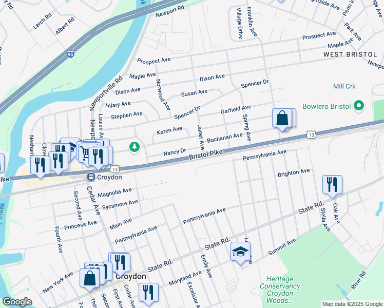 map of restaurants, bars, coffee shops, grocery stores, and more near 1445 Bristol Pike in Croydon