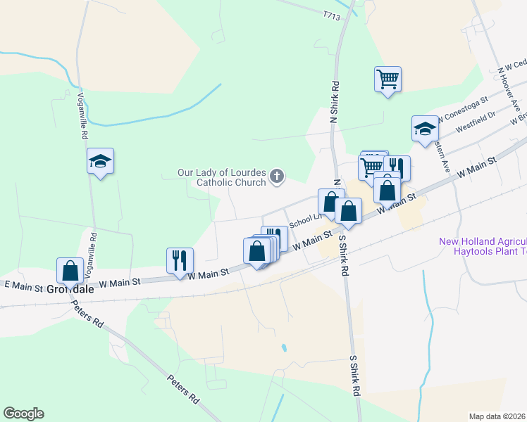 map of restaurants, bars, coffee shops, grocery stores, and more near 821 Walnut Street in New Holland