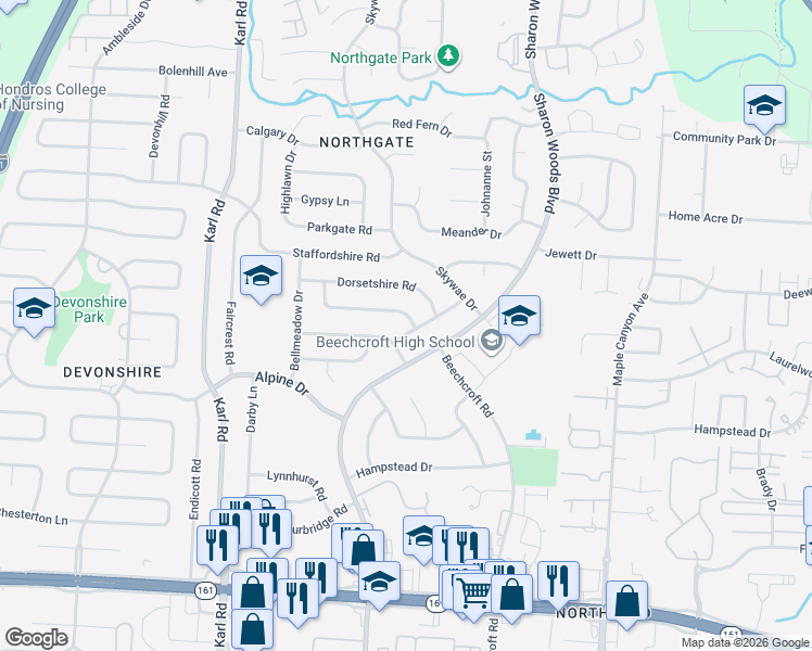map of restaurants, bars, coffee shops, grocery stores, and more near 6213 Willowcrest Drive in Columbus