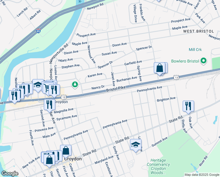 map of restaurants, bars, coffee shops, grocery stores, and more near 1461 Bristol Pike in Croydon