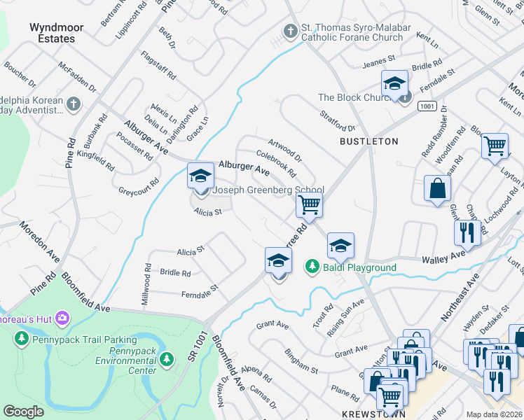 map of restaurants, bars, coffee shops, grocery stores, and more near 8753 Ferndale Street in Philadelphia