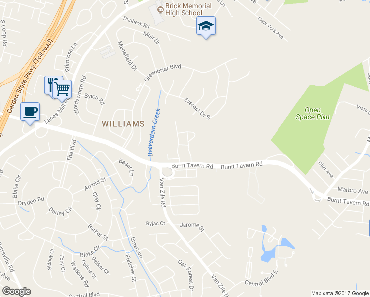 map of restaurants, bars, coffee shops, grocery stores, and more near 202 Iris Way in Brick Township