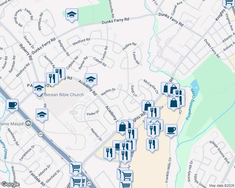 map of restaurants, bars, coffee shops, grocery stores, and more near 3672 Friar Road in Philadelphia