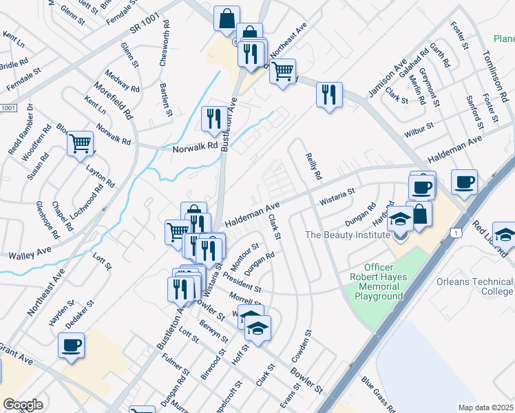 map of restaurants, bars, coffee shops, grocery stores, and more near 9811 Haldeman Avenue in Philadelphia