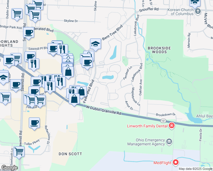 map of restaurants, bars, coffee shops, grocery stores, and more near 2321 Meadow Creek Drive in Columbus