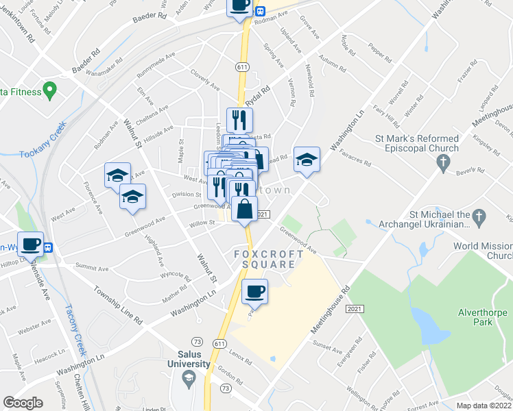 map of restaurants, bars, coffee shops, grocery stores, and more near 811 Greenwood Avenue in Jenkintown